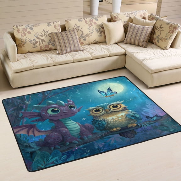 WOBOGO Cute Dragon Owl Carpet Non-Slip Rugs Soft Doormat 36×24in Living Dining Room Bedroom Decorative