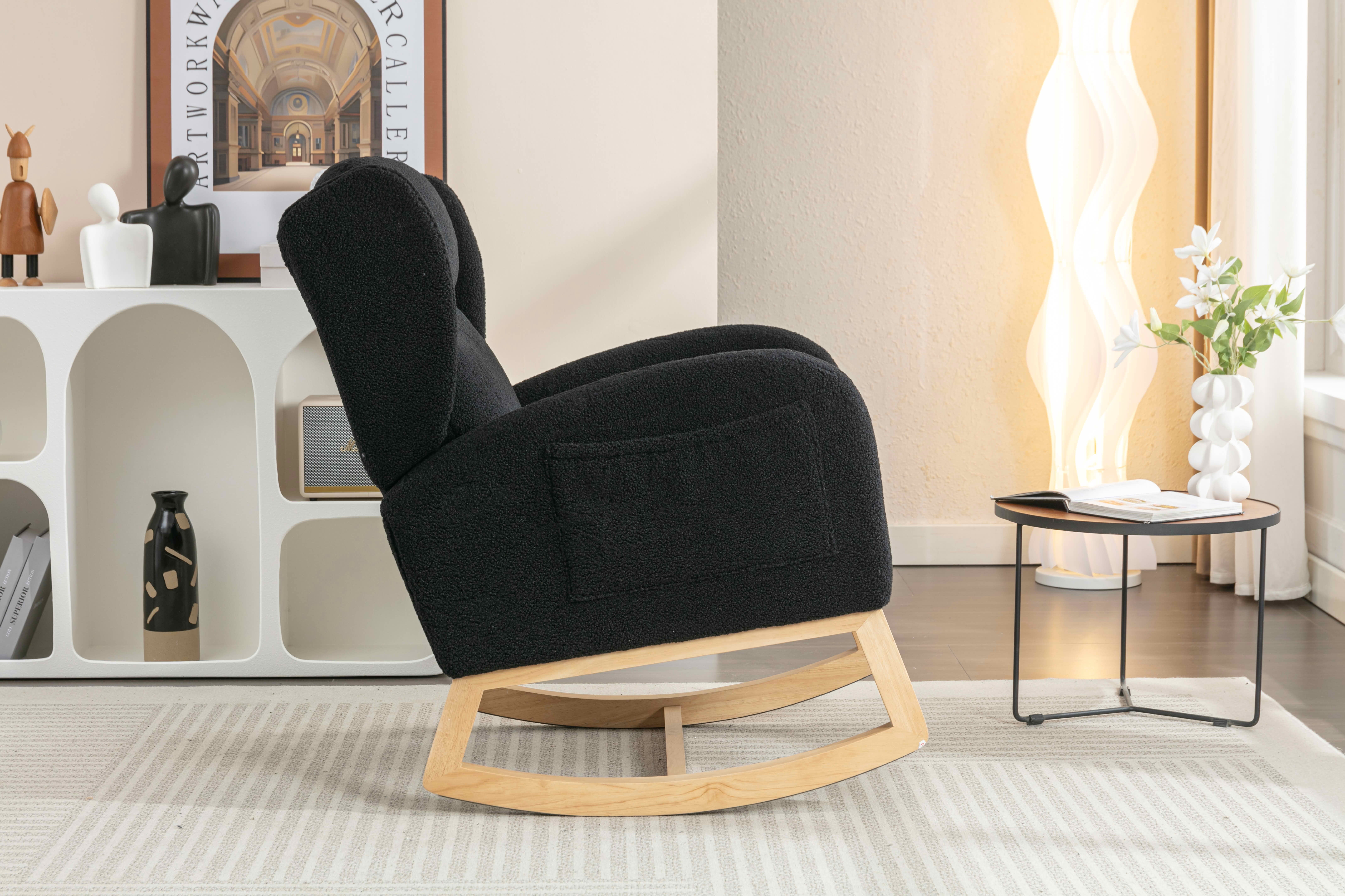 MAYEERTY Teddy Fabric Rocking Chair, with Packet Wood Legs, Black