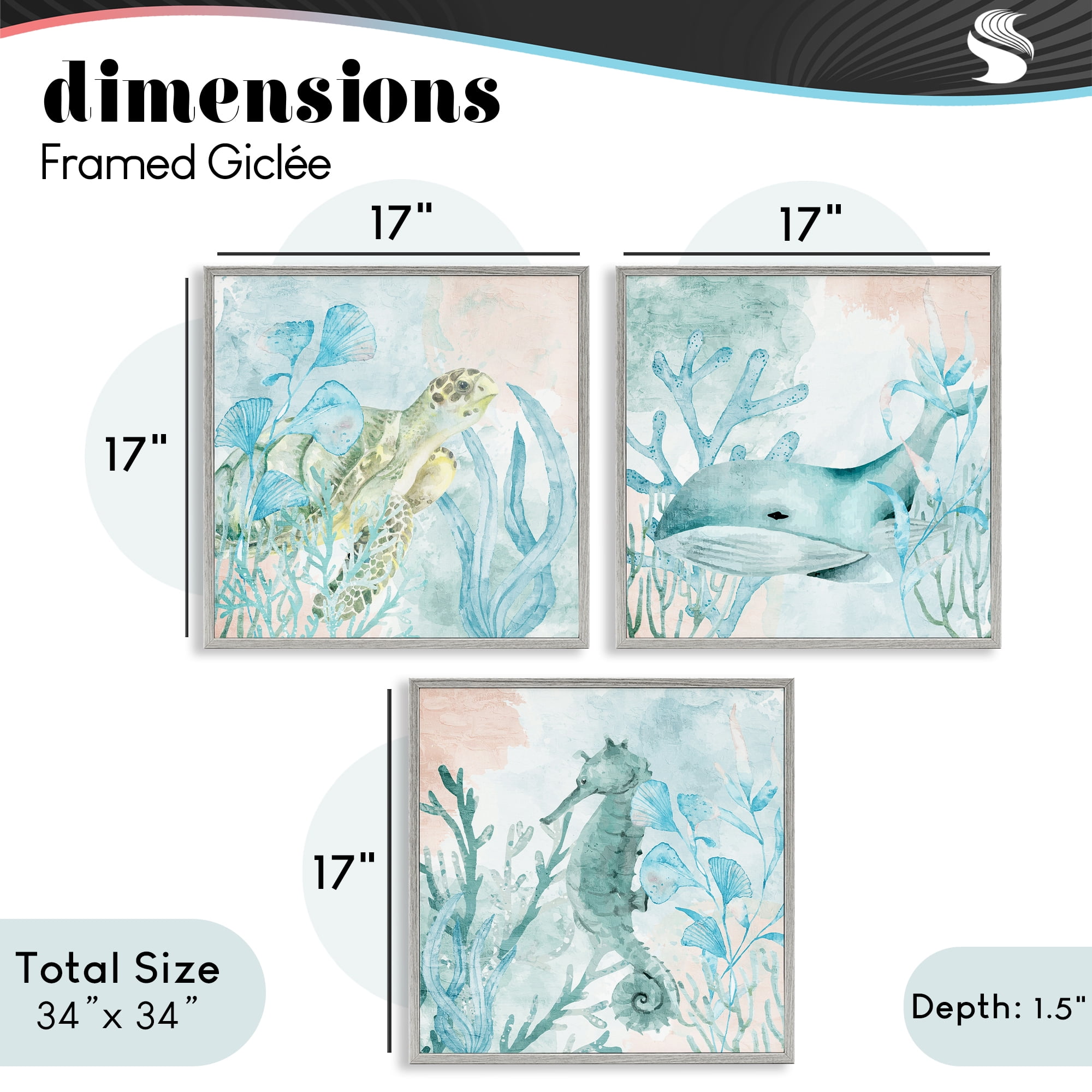 Stupell Industries Aquatic Animals Sea Swim 3 Piece Gray Framed Giclee Art Set, design by Kim Allen