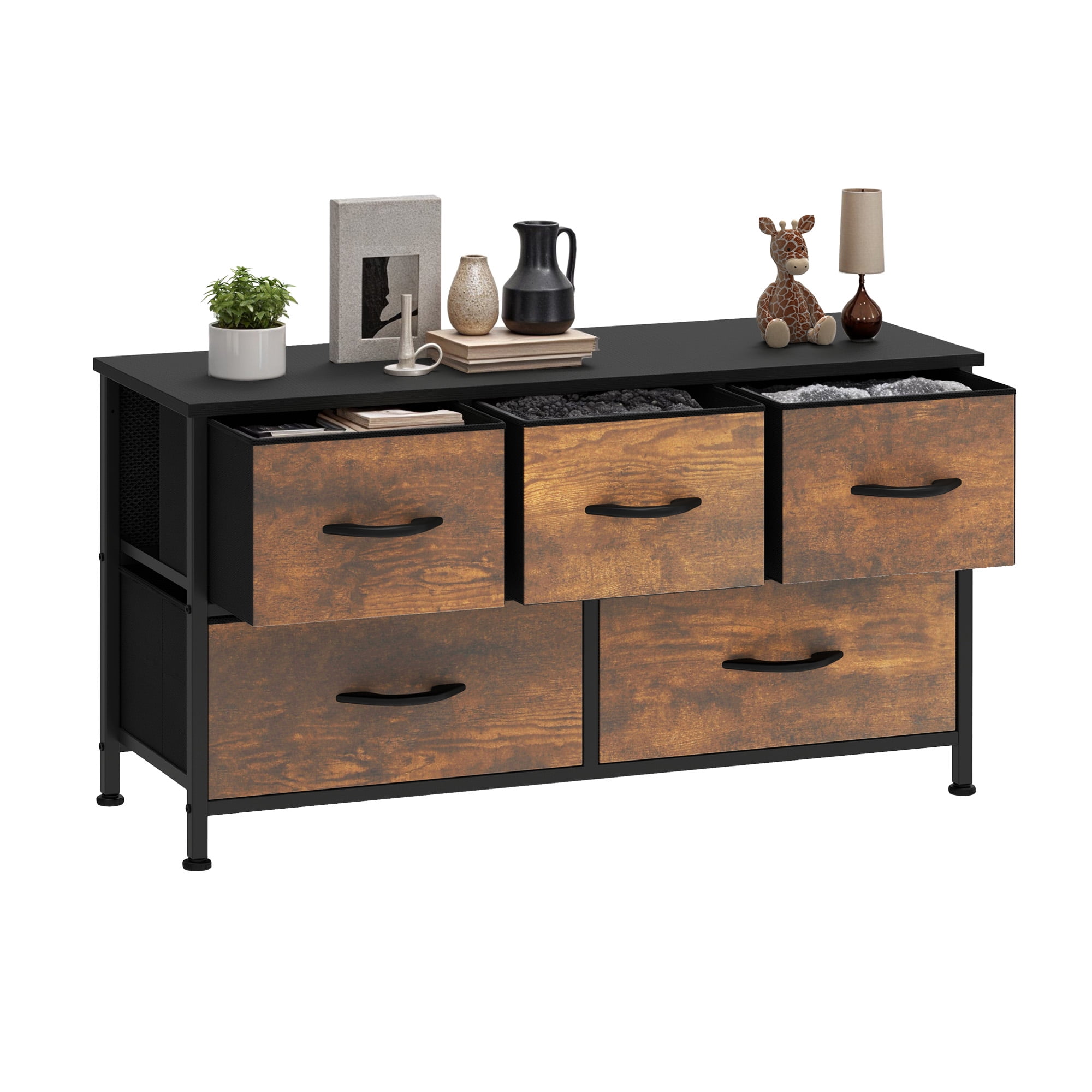 Uforic 5 Drawer Dresser for for Adult, Fabric Wide Chest of Drawers Nightstand Storage Tower Wooden Top, Brown