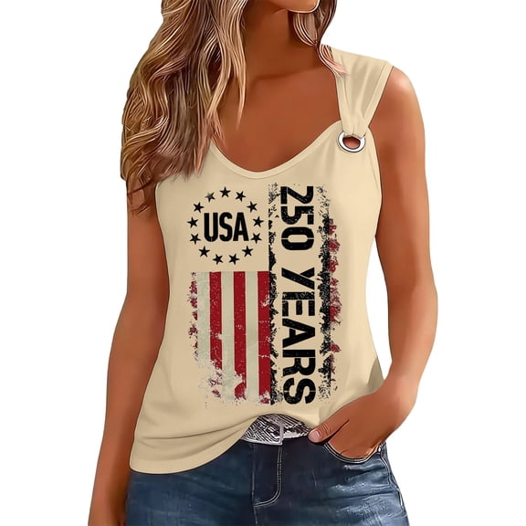 haizhen 4th of July Tank Tops for Women Dressy Casual V Neck 250 Years Patriotic Shirts for Women 250th Anniversary USA Shirt Sleeveless Summer Outfits Womens Graphic Tees Beige, L