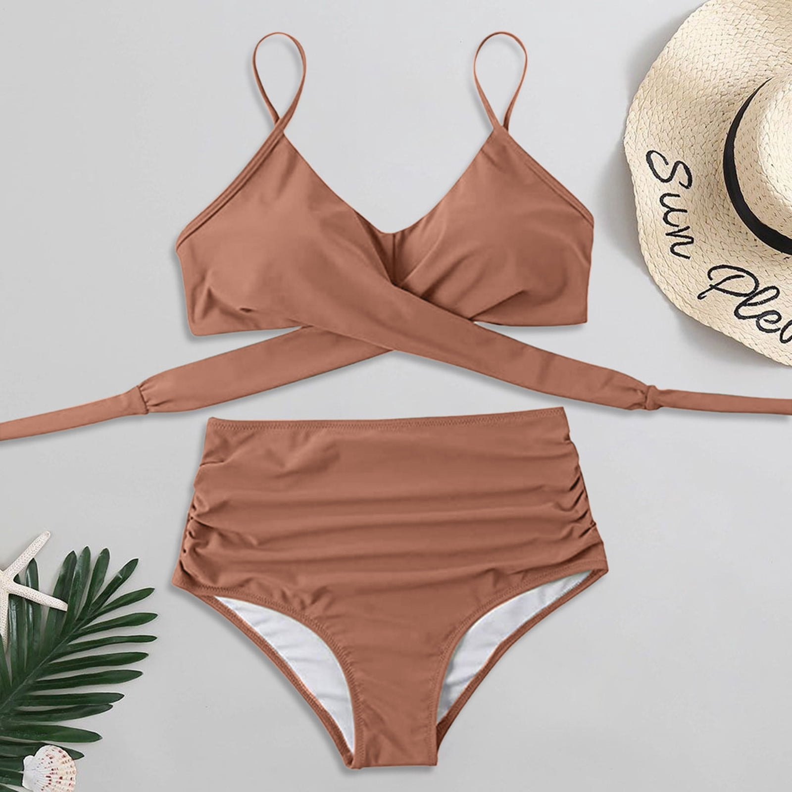 Eashery Women's Tankini Swimsuit Sets Women Solid Push Up High Cut Lace Up Halter Bikini Set Two Piece Swimsuit Womens Swimwear Plus Size Khaki XL