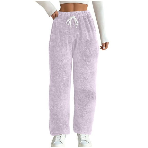 ZUKMRJPC Women's Fleece High Waisted Sweatpants Casual Drawstring Solid Color Wide Leg Pants Winter Warm Thick Lounge Trousers with Pocket