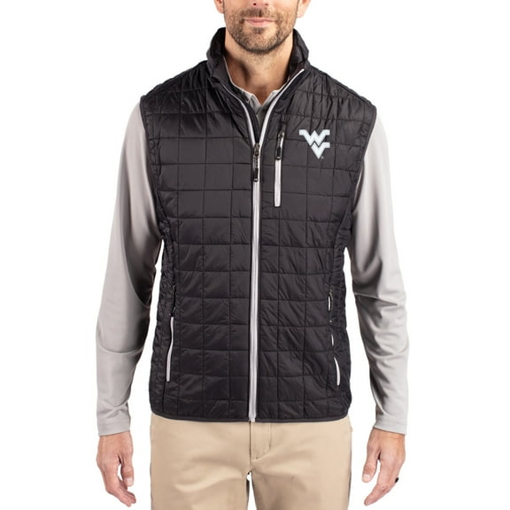 Men's-Cutter & Buck  Black West Virginia Mountaineers Rainier Eco Insulated PrimaLoft Full-Zip Puffer Vest