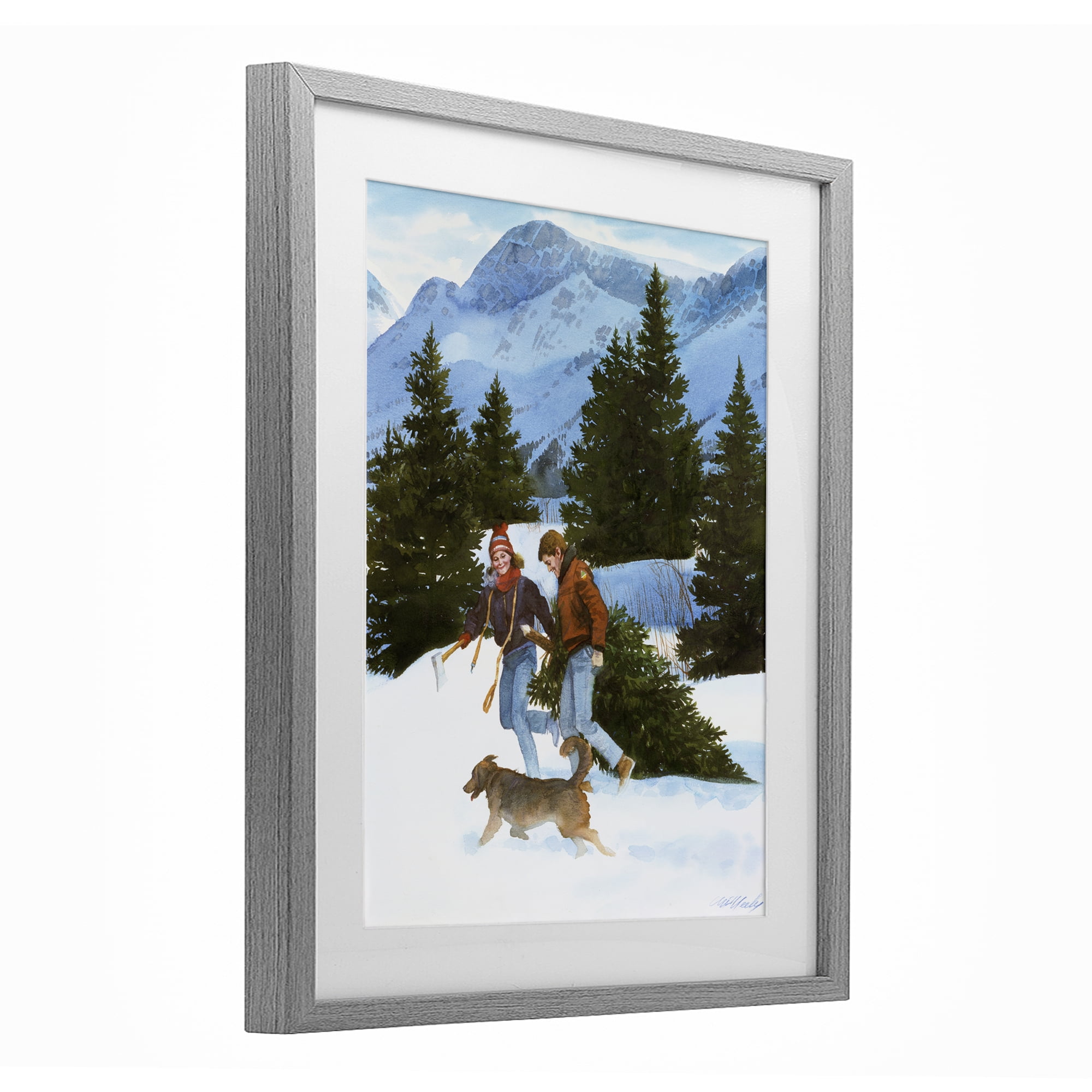 Couple Bringing Home Tree Gray Framed Print Under Glass, design by Wind River Studios