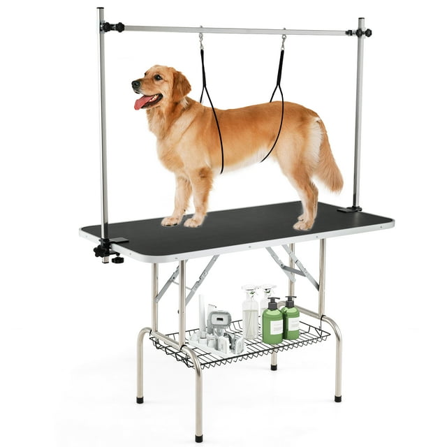Gymax Table de Toilettage pour Animaux Réglable avec Cadre Métallique en Forme de H Robuste et Résistant