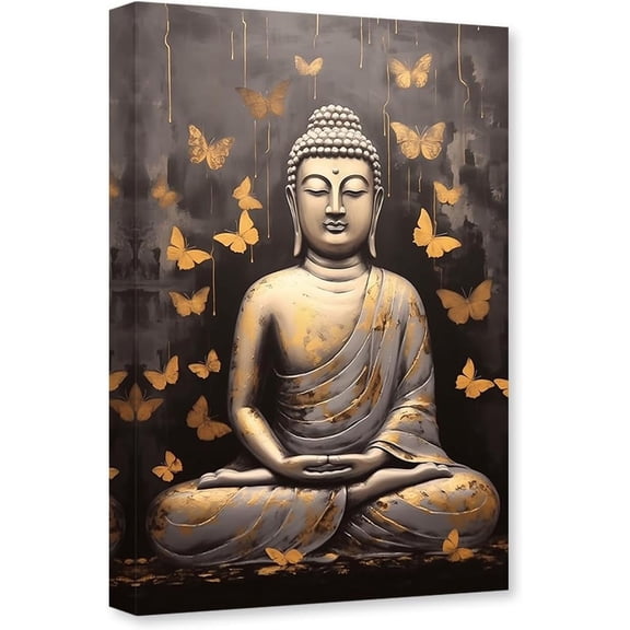 Zen Canvas Wall Art Gold Buddha Butterfly Pictures Print Vintage Buddha Statue Painting Meditation Spirit Decor Frame (Buddha - 4, 12.00" x 18.00")