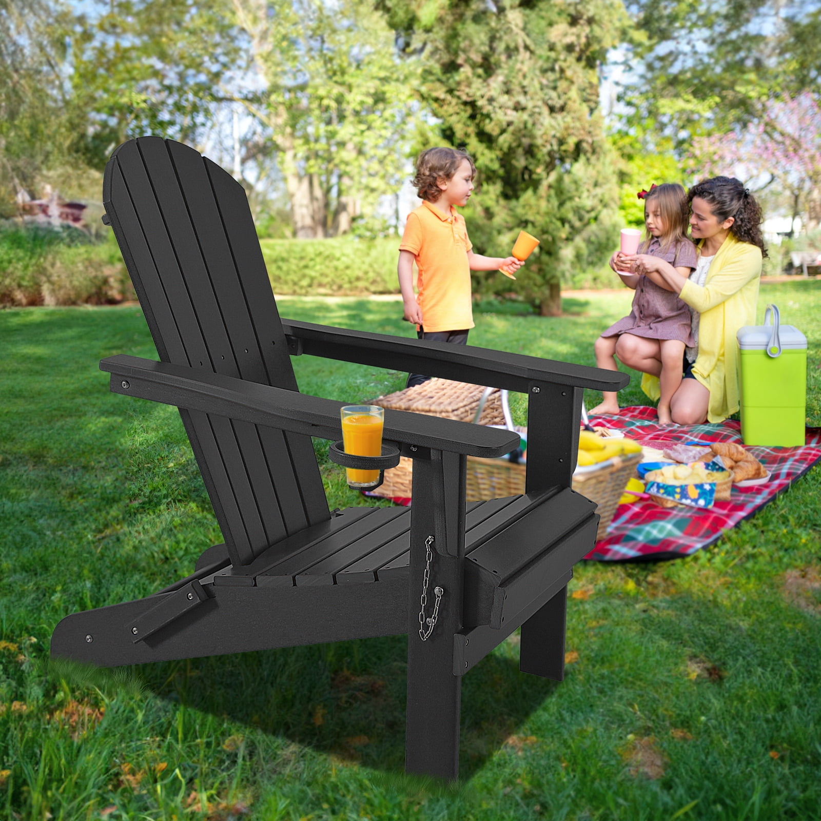 Folding Adirondack Chairs, Patio Chairs, Lawn Chairs, Outdoor Chair, Adirondack Chair Plastic, Fire Pit, Weather Resistant with Cup Holder for Deck, Backyard, Garden(Black)