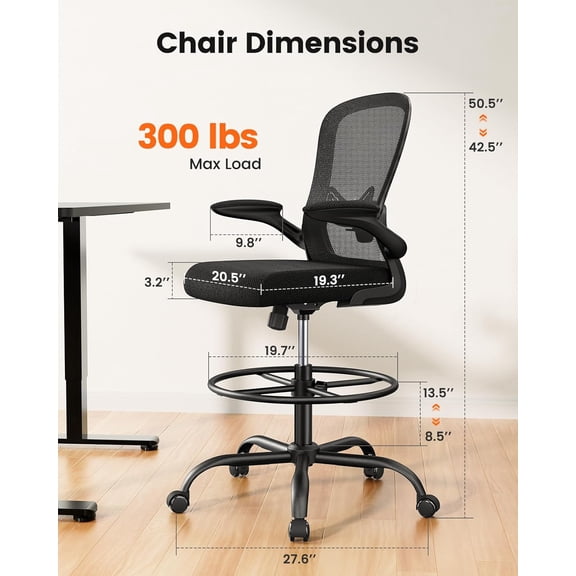 Drafting Chair with Flip- Armrests, Adjustable Height & Lumbar Support for Standing Desk