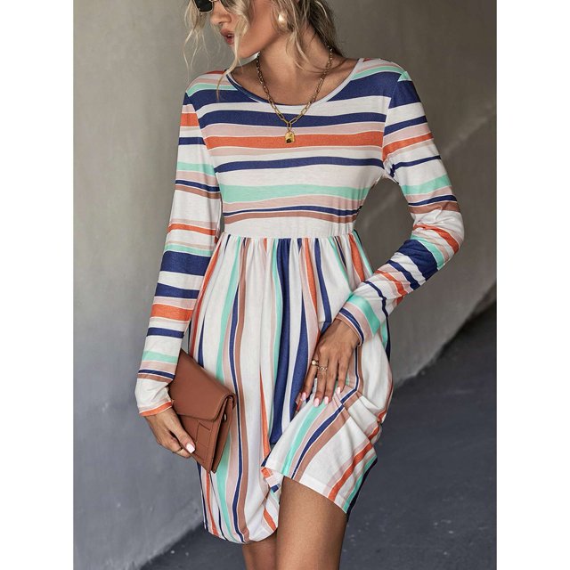 Vestido casual ANGGREK de Cuello redondo Manga Larga Tela de Poliéster a Juego Patrón de rayas Para mujer