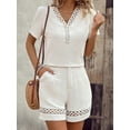thumbnail image 5 of Dycnvjo Womens Summer Two-Piece V-Neck Hollowed-Out Patchwork Short Sleeved Top and Shorts Set Loose Casual Fashion Outfit White M, 5 of 7