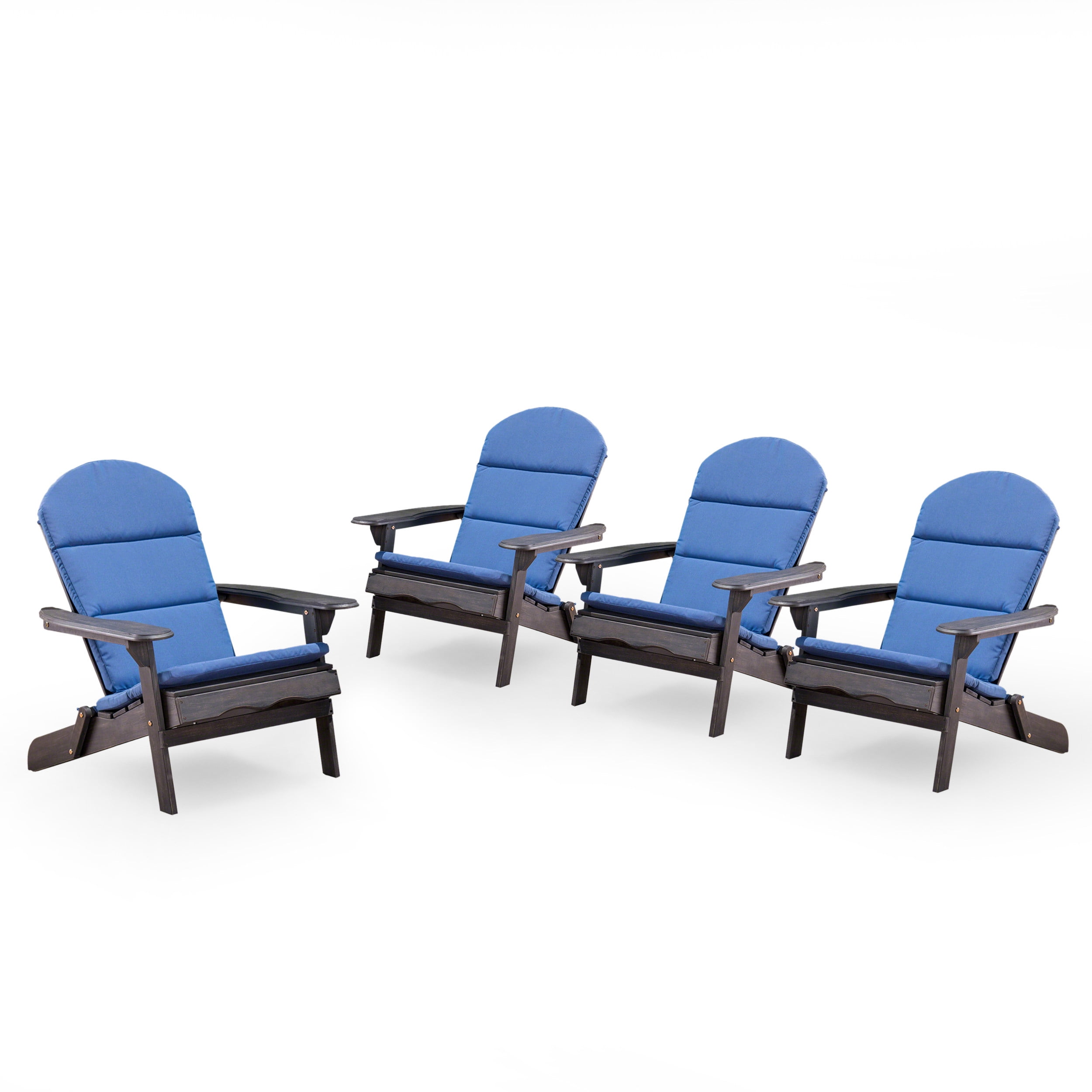 Ariel Outdoor Acacia Wood Folding Adirondack Chairs with Cushions (Set of 4), Dark Gray and Navy Blue
