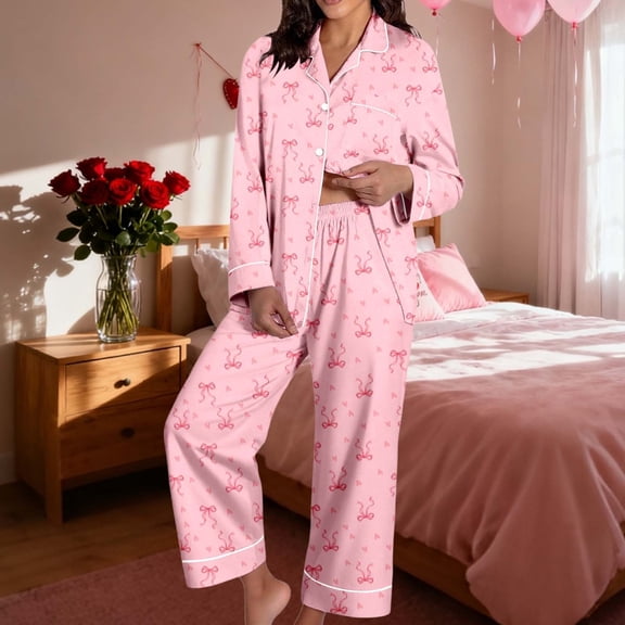 Womens Silk Satin Pajamas Set Long Sleeve Button Down Sleepwear 2 Piece Lounge Set Pj Set Pink L