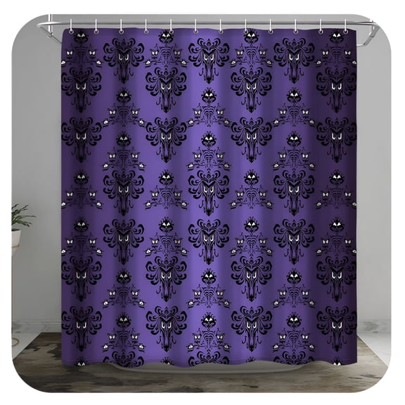 AUQ 2026 New Haunted Mansion Halloween Shower Curtain,Waterproof Haunted House Bathroom Decor,Spooky Fabric Polyester Set,With 12 Hooks 72 X 72 Purple