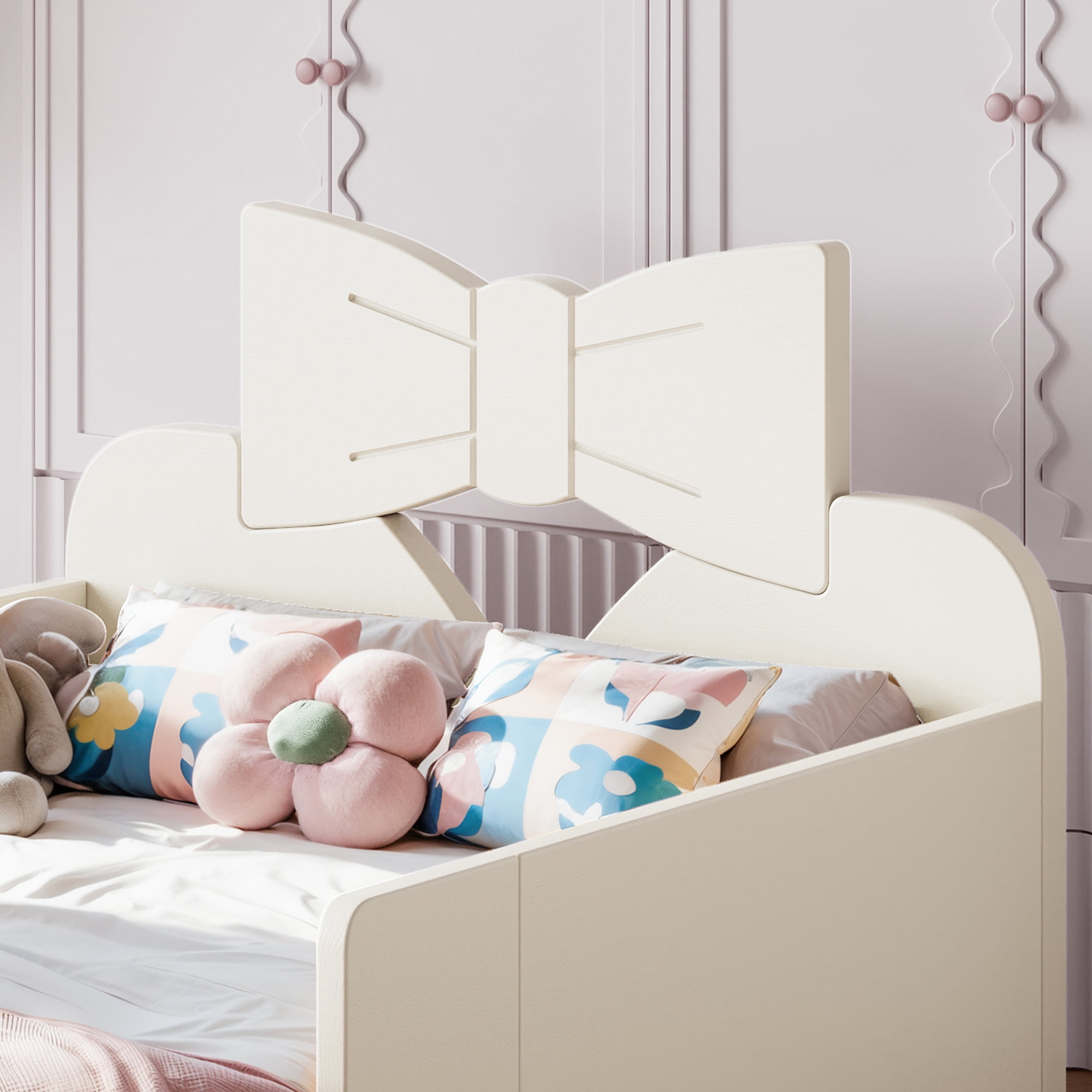 Twin Size Kids Platform Bed 78 Inch, Bowknot Headboard with Surround Guardrails and Built In Bookshelf, No Box Spring Needed, Beige