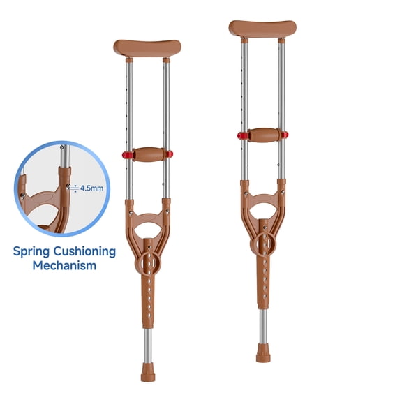 Loyoda Underarm Crutches, Shock-Absorbing Walking Stick, Adjustable Height 39.3" to 61", Lightweight Aluminium Crutches for Adults Youth, Brown, 1 Pair