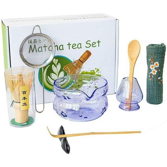 TOPCHANCES Matcha Tea Set, 7pcs Glass Matcha Whisk Kit with Matcha Bowl, Matcha Whisk, Whisk Holder, Strainer, Scoop, Scoop Holder and Tea Cloth (Blue)