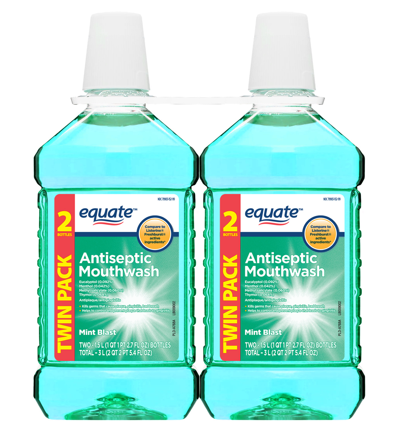 Equate Antiseptic Mouthrinse, Mint Blast, Twinpack, 2 Bottles, 2 x 1.5