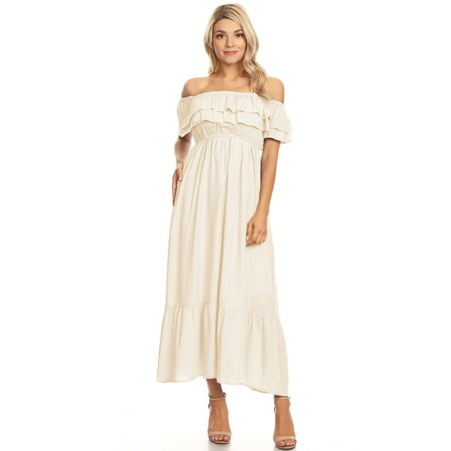Robe Paysanne Bohème pour Femmes Épaules Dénudées Manches Courtes Robes Maxi à Volants