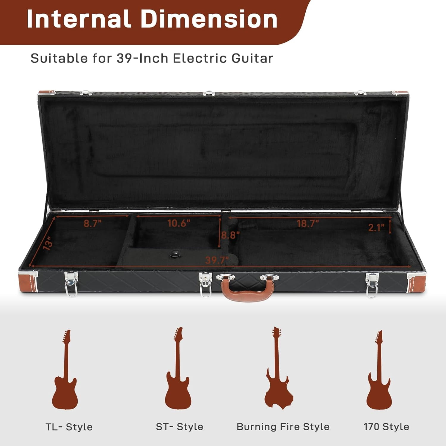 HarmonyStrings Guitar Hard Case, Rectangle Wooden Standard 39-Inch Electric Guitars Hard-Shell Protective Carrying Case for KST/KTL/170 Model with Lock Latch Padding Diamond Black