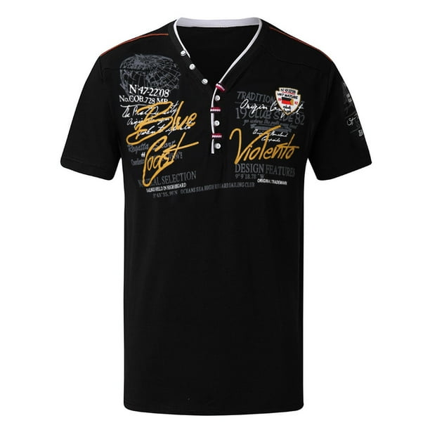 Camisas Cuello De Hombre Sleeve T camisa Blase Personalidad Fashion Short Tops Mens camisa de letra Button Men's blusa (Black, XXL)