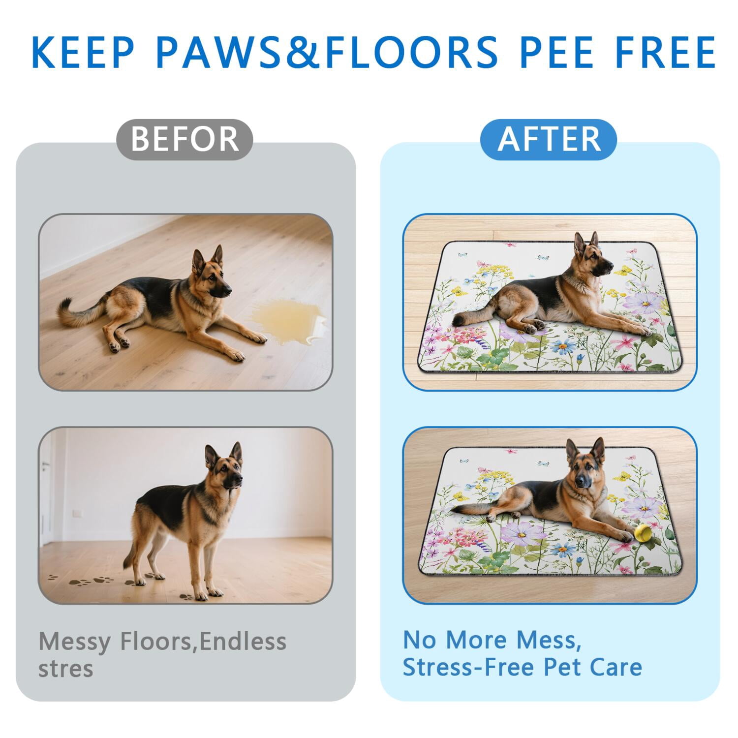 Floral Pattern Washable Pet Pads 2-Count 48x48 Inch Reusable Puppy Training Mats, Highly Absorbent Dog Floor Mat for Large Crate Areas