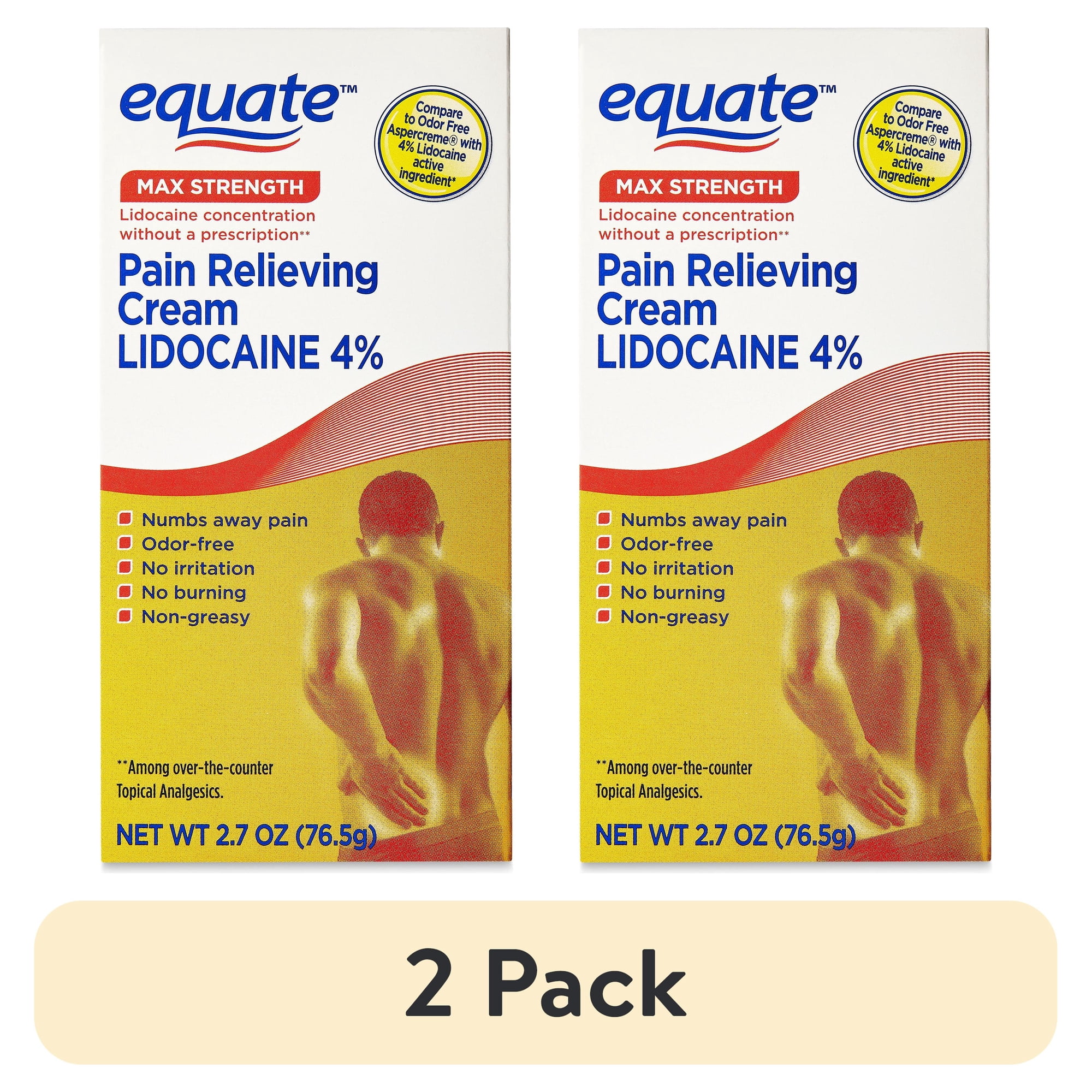 (2 pack) Equate Lidocaine Pain Relieving Cream 4% Lidocaine , 2.7 fl oz, Compare to AspercremeÂ® Odor Free with 4% Lidocaine Active Ingredient