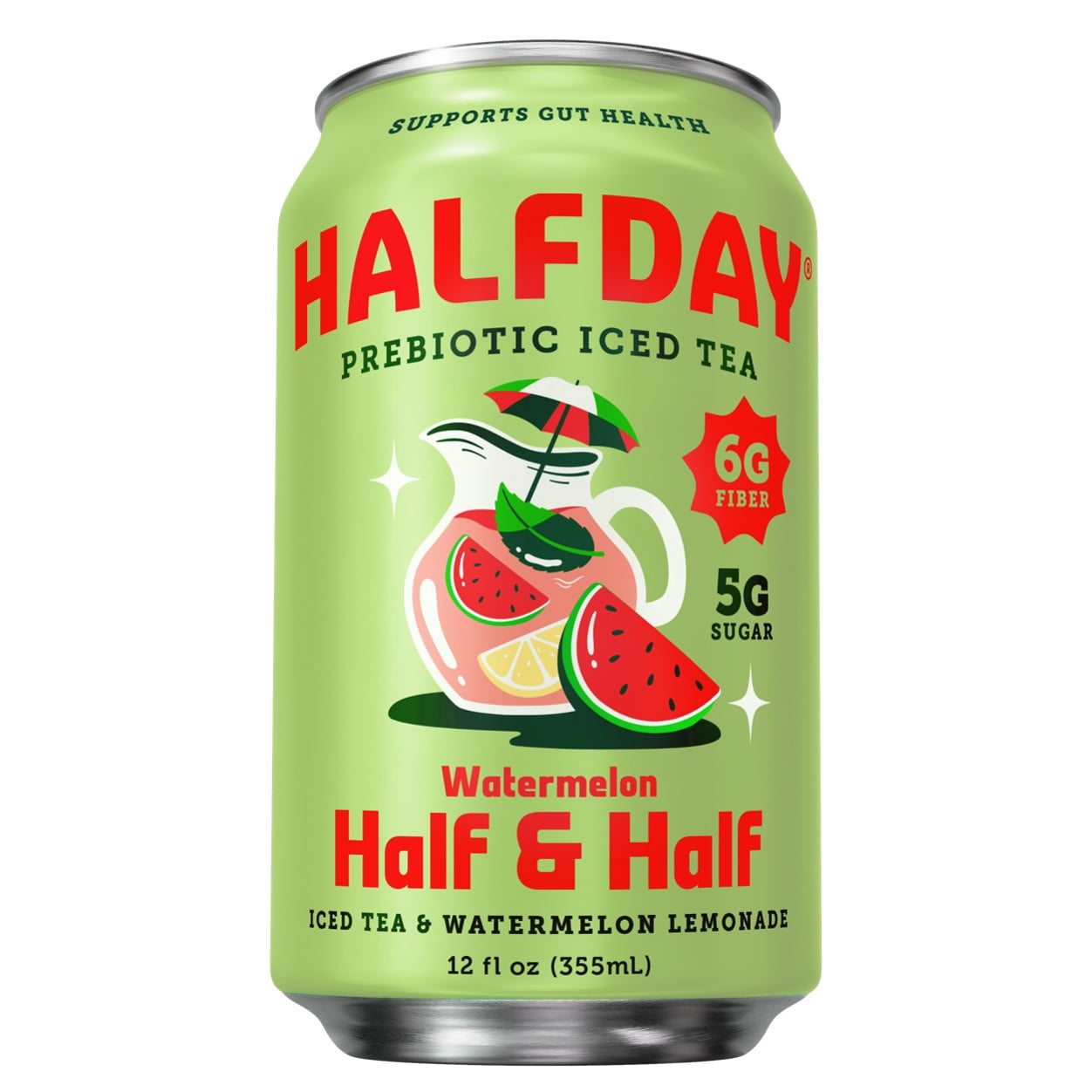 (12 pack) Halfday Prebiotic Watermelon Half & Half Iced Tea Drink, 6g Fiber, 12 fl oz Single Can