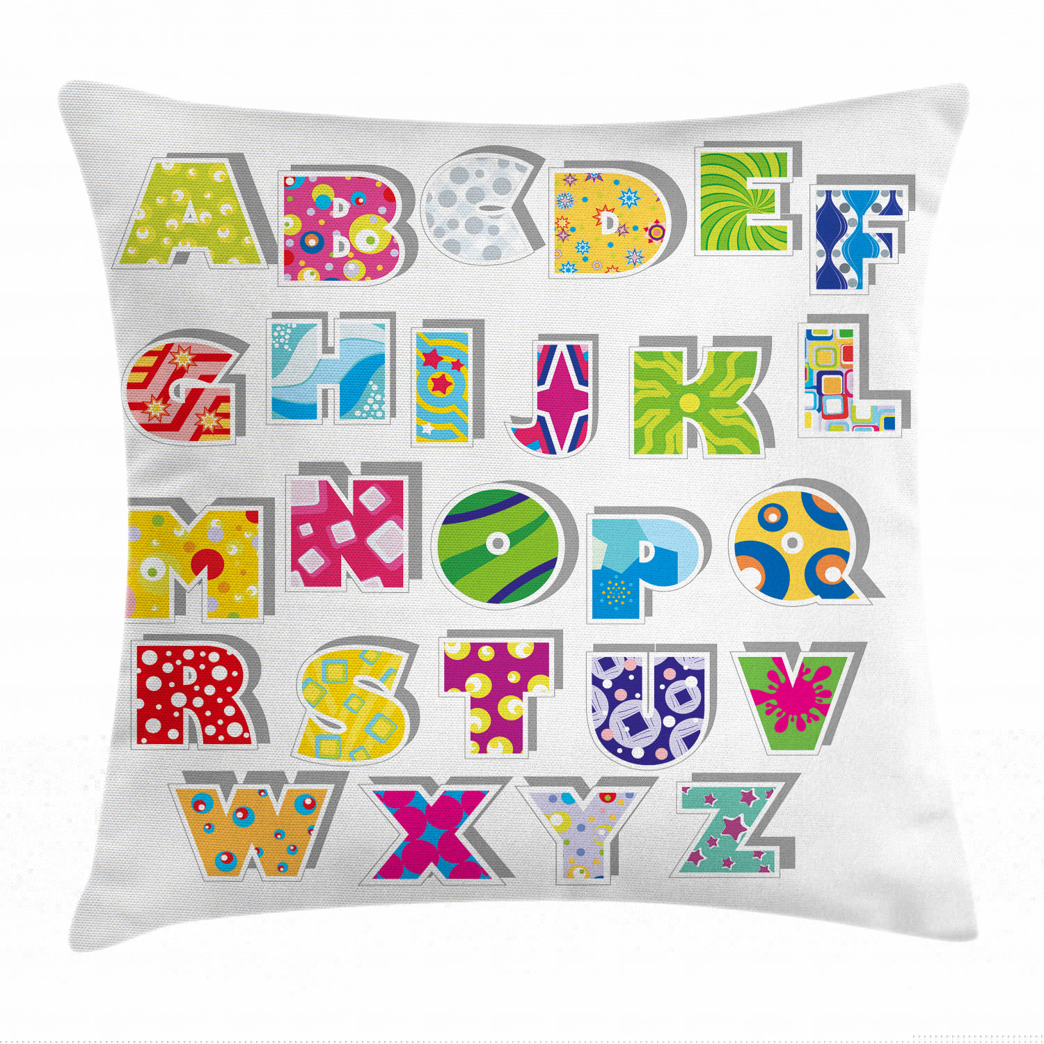 thumbnail image 1 of Letters Throw Pillow Cushion Cover, Full Set of Alphabet with Various Designs Abstract Dots Squares Splashes Pattern, Decorative Square Accent Pillow Case, 24 X 24 Inches, Multicolor, by Ambesonne, 1 of 2