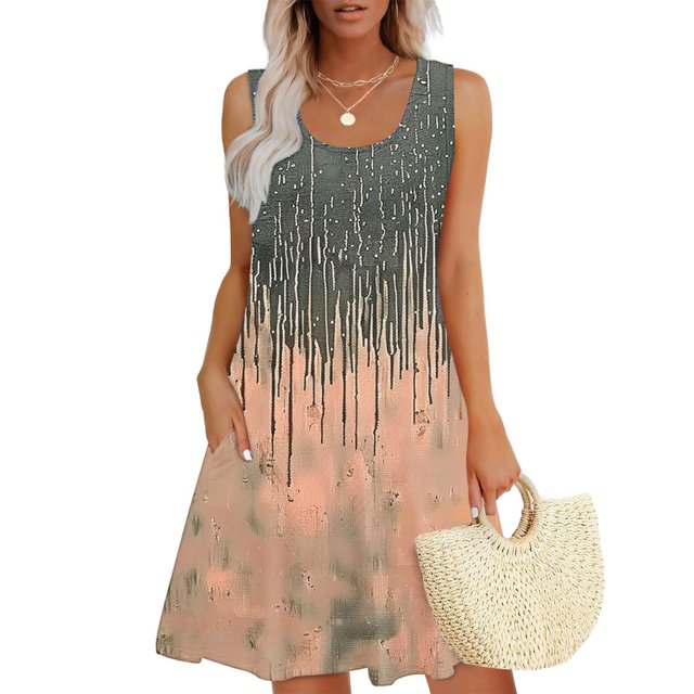 Ovzne Robes pour Femmes Robe pour Femme Décontractée Ample Été Imprimée Sans Manches Col en V Ensemble Haut/chemise Robe Imprimée Liquidation