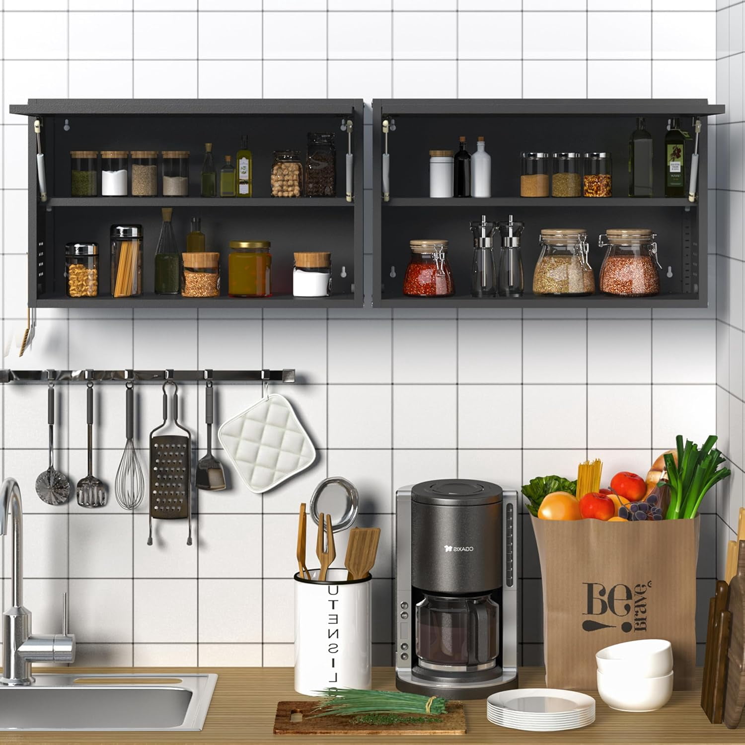 Metal Wall Cabinet with Up-flip Door,Wall Mounted Tool Cabinets with Pegboard,Metal Wall Storage Cabinet with Adjustable Shelf for Garage,Basement,Home Office, Kitchen,Warehouse（Black）