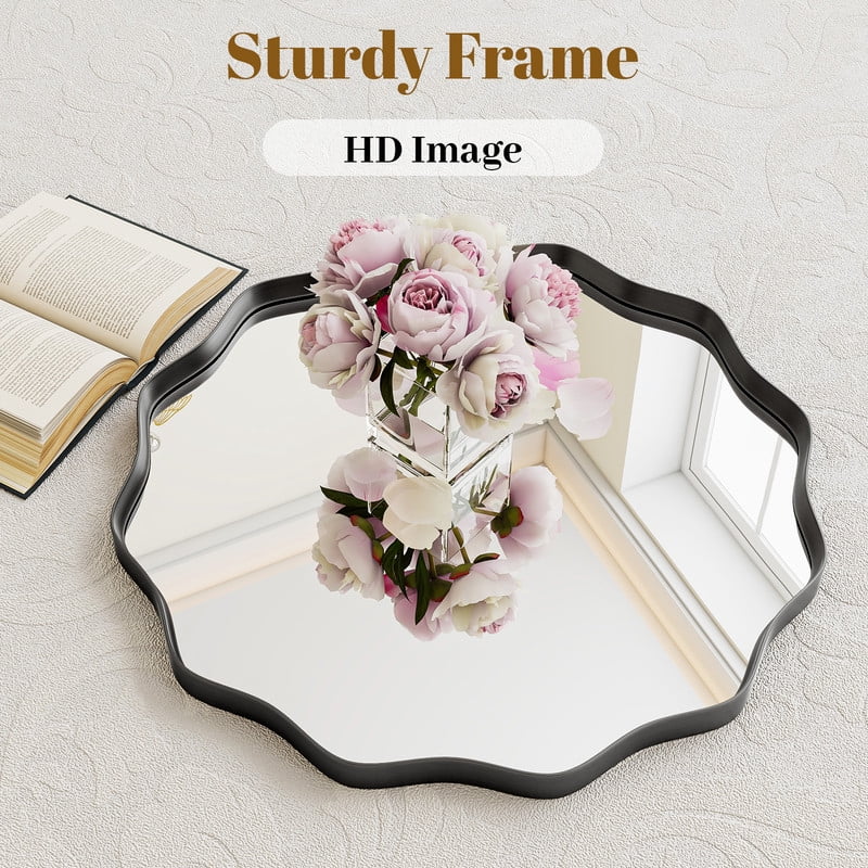 Easy4Home 24" Wavy Round Decorative Mirror With Deep Frame, Black