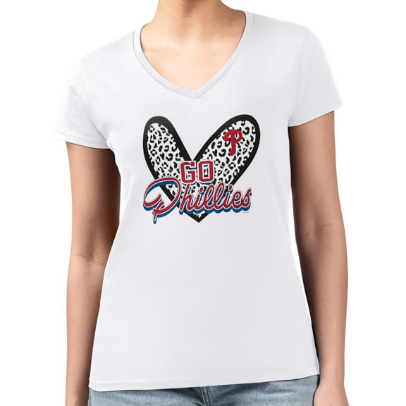 Women's G-III 4Her by Carl Banks White Philadelphia Phillies Super-Slim Fit Lightweight Leopard Heart V-Neck T-Shirt