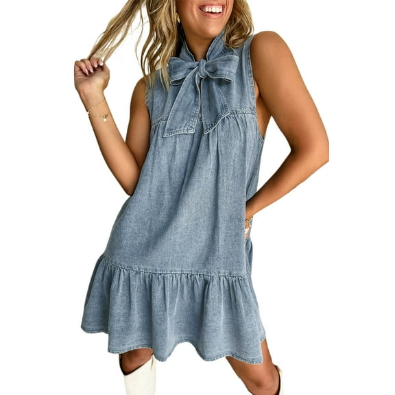 Women's Real Teal Bowknot Neck Sleeveless Ruffled Chambray Mini Dress | [ZhiHiMeRi] | (US 12-14)L