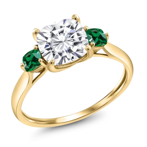 Gem Stone King 10K Yellow Gold White Moissanite and Green Nano Emerald Engagement Ring for Women | 2.04 Cttw | Cushion 7MM | Gemstone Birthstone | Size 5