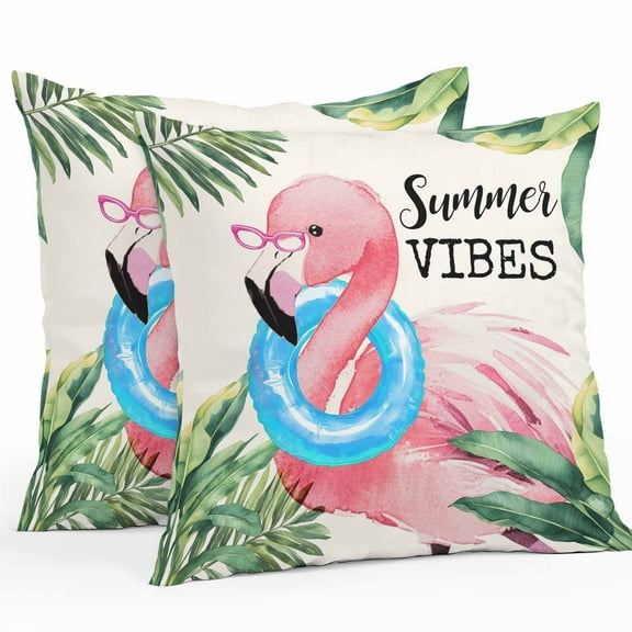 Outdoor Waterproof Pillow Covers Pack of 2, Summer Vibes Flamingo Summer Tropical Plants Palm Leaves Decorative Throw Pillowcases Cushion Covers for Garden Patio Tent Sofa Couch, 16x16 inch