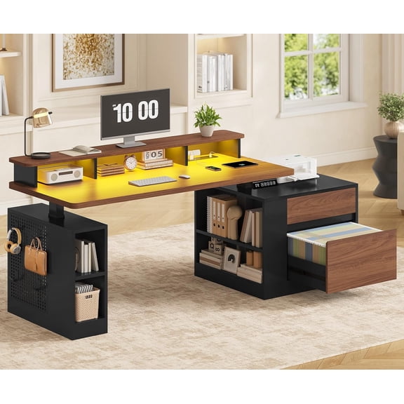 Frhnenha Electric Standing Desk, 70" Height Adjustable Computer Desk with 2 Drawers, Storage Shelves, LED Lights, Power Outlets, Home Office Stand up Desk, Walnut