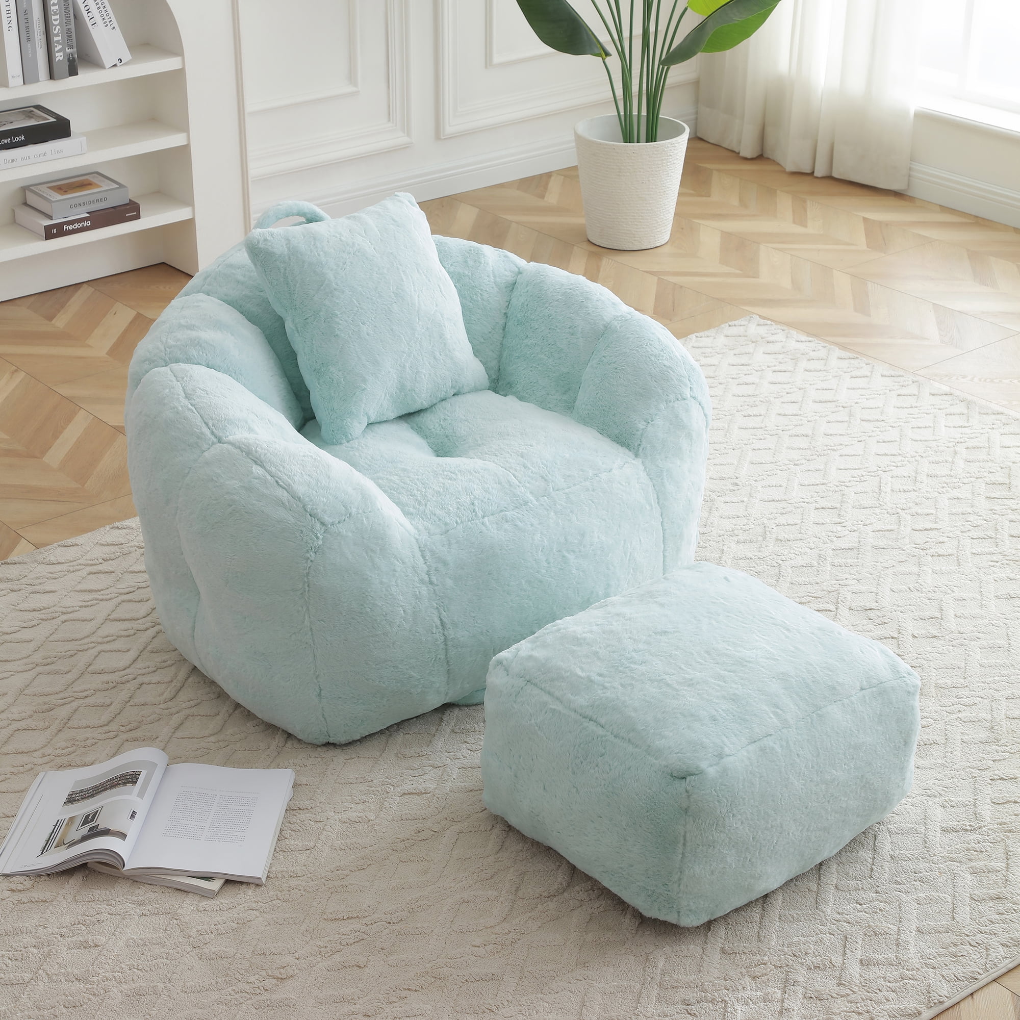 Jopath Bean Bag Chair with Footstool, Oversized Bean Bag for Adults and Kids, Stuffed Big Accent Sofa, Floor Sofa for Gaming Reading Living Room Bedroom Light Blue