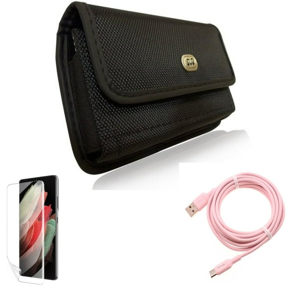 10ft Long USB-C Cable & Matte Screen Protector & Case Belt Clip for Samsung Galaxy S22 Plus (S22 ) - Combo Pink Charger Cord Power Wire & TPU Film Anti-Glare & Rugged Holster