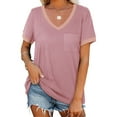 thumbnail image 2 of Kovlvoll Womens Tops V Neck Loose Short Sleeve T-Shirts Summer Casual Solid Color Basic Tees Top with Pockets, 2 of 7