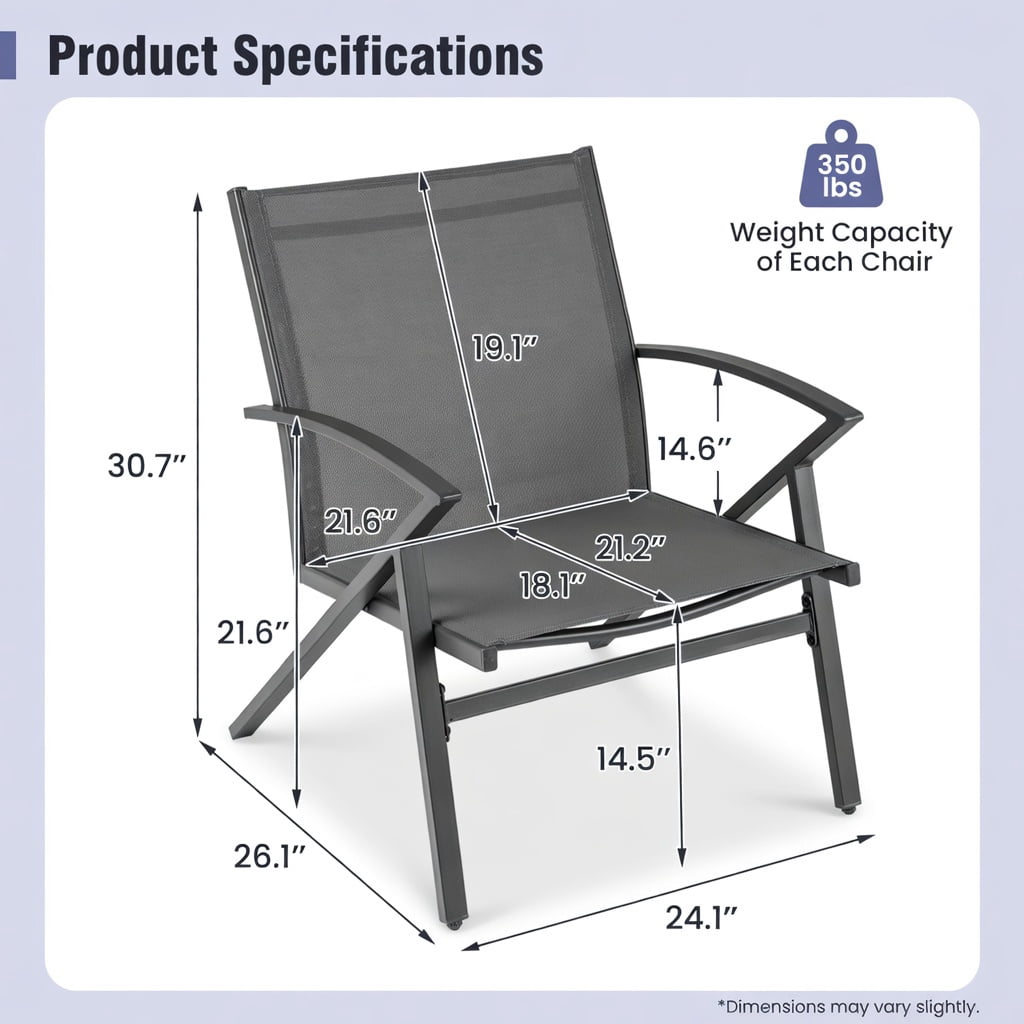 Hommoo 2-Pack Heavy-Duty Outdoor Patio Chairs, Metal Frame Lawn Chairs with Breathable Fabric, Adjustable Feet for Uneven Ground, Gray