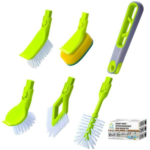 Guay Ensemble de Brosses de Cuisine avec Manche et Grattoir – 4 Pcs Brosses Incluent : Rectangulaire, Ronde, Bouteille, Coin, Éponge à Récurer Bonus pour Nettoyage Domestique et Vaisselle, Poils Rigides - Vert