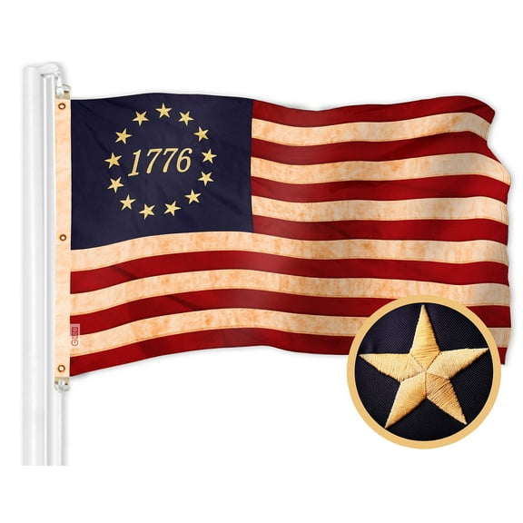G128 Betsy Ross 1776 Tea-Stained Flag | 5x8 Ft | ToughWeave Pro Series Embroidered 420D Polyester | Historical Flag, Embroidered Design, Indoor/Outdoor, Brass Grommets, High Quality
