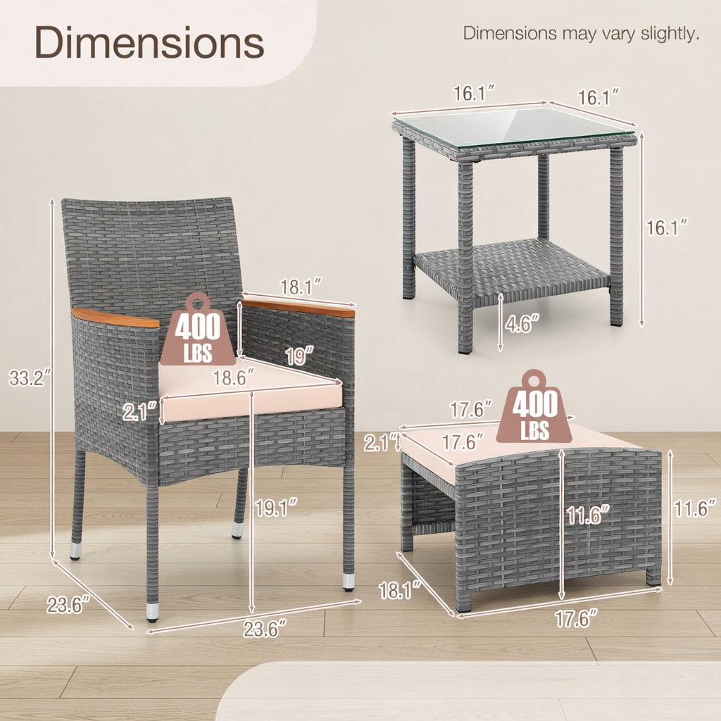 Hommoo 5-Piece Outdoor Patio Conversation Set with PE Rattan Armchairs, Ottoman Footrests & Tempered Glass Side Table, Weather-Resistant, Space-Saving, Easy-Clean Cushions, Brown