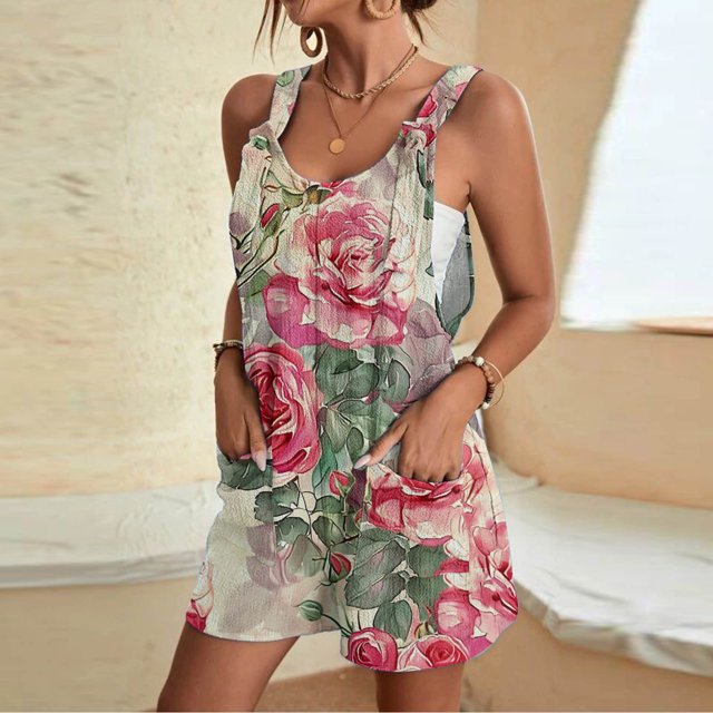 Puntoco Pantalones cortos casuales para mujer Pantalones cortos casuales con estampado de tirantes para mujer Pantalones cortos tipo mono con bolsillos