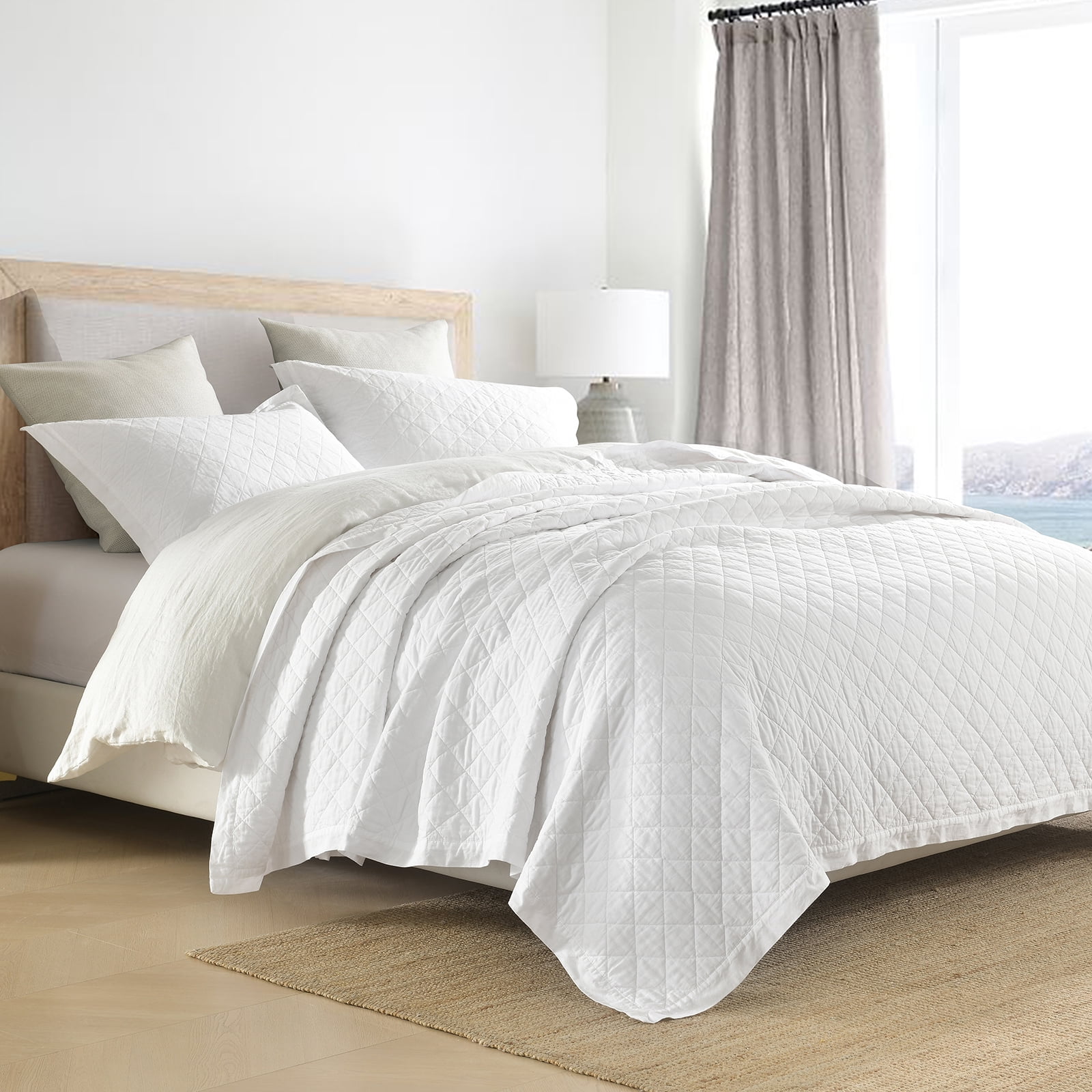 PANGUSHAN 100% Cotton Queen Quilt Set, Elegant Diamond Pattern Solid Color Queen Size Quilt Bedding Set Bedspreads, Reversible Quilted Lightweight Comforter, White Bed Spread for Queen Bed, 3pcs