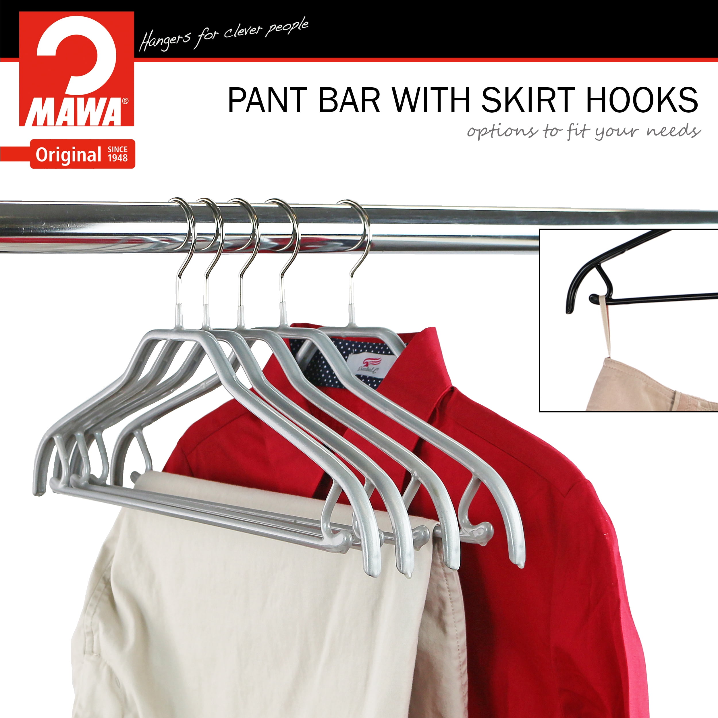 Mawa by Reston Lloyd Silhouette Series Non-Slip Space Saving Hanger with Pant Bar/Skirt Hook, Style 41/FRS, Set of 5, Silver