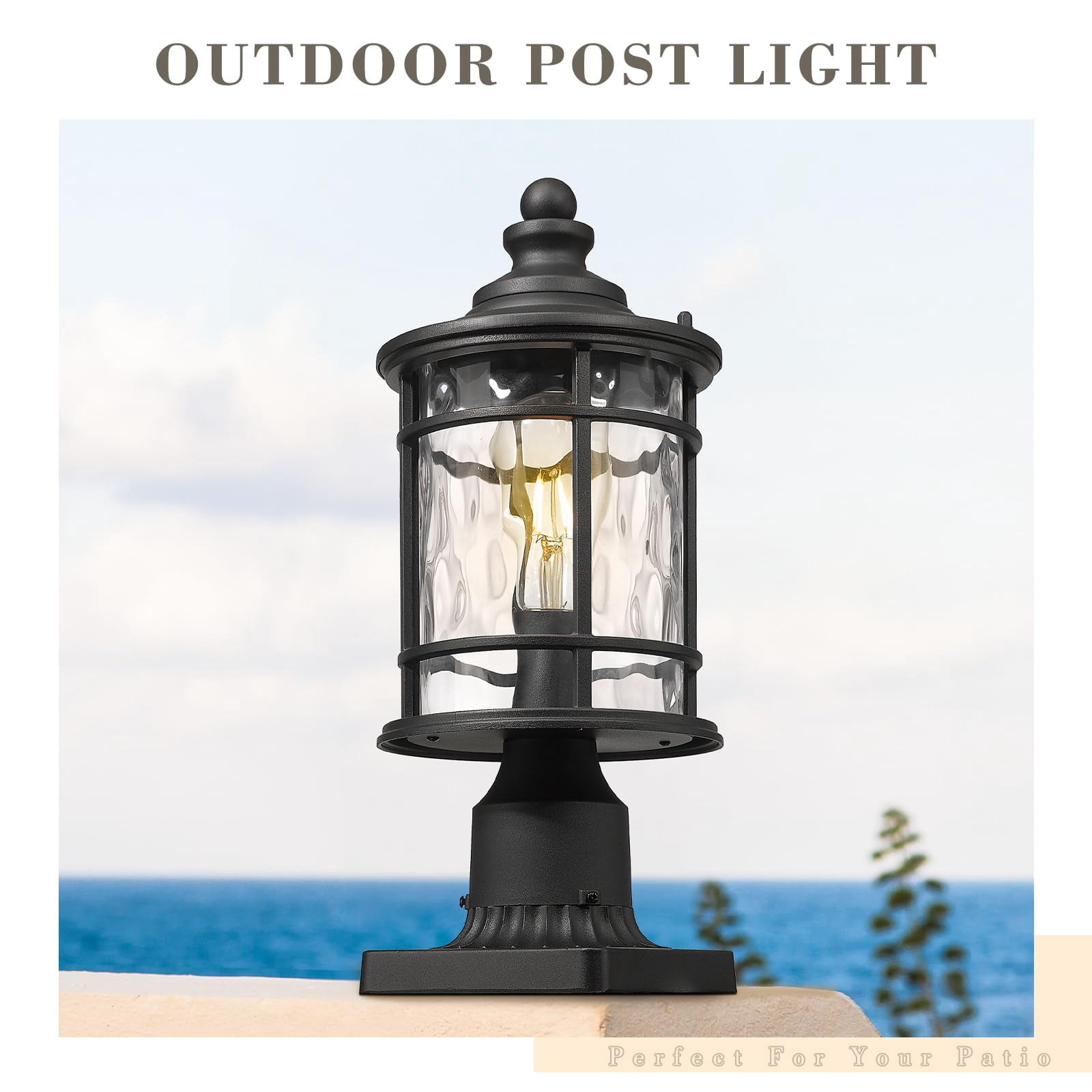 Emliviar 15 inch Modern Outdoor Lamp Post Light for Patio Garden, Water Ripple Glass, Black Finish, XE229P-WG BK