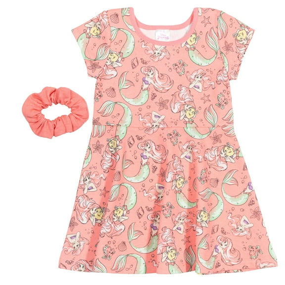 Disney The Little Mermaid Little Girls' Skater Dress and Scrunchie Set Ariel Flounder Pink