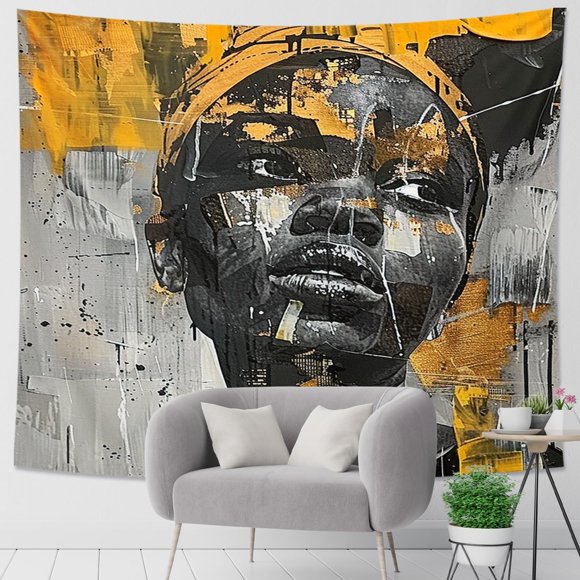 Generic Black Girl Tapestry Oil Painting African Woman Designs Tribal Country Art Gray Yellow Polyester Backdrop Decorative Bedroom Ceiling Headboard Couch Club Tapestry One Piece 60x50 Inch